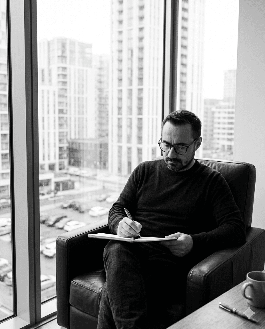 Robert Blaga, originator of the PolyCognitive Leadership framework, reading in a high-rise office. Black and white editorial photograph.